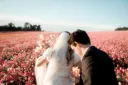 A couple sharing a quiet moment in a flower field
