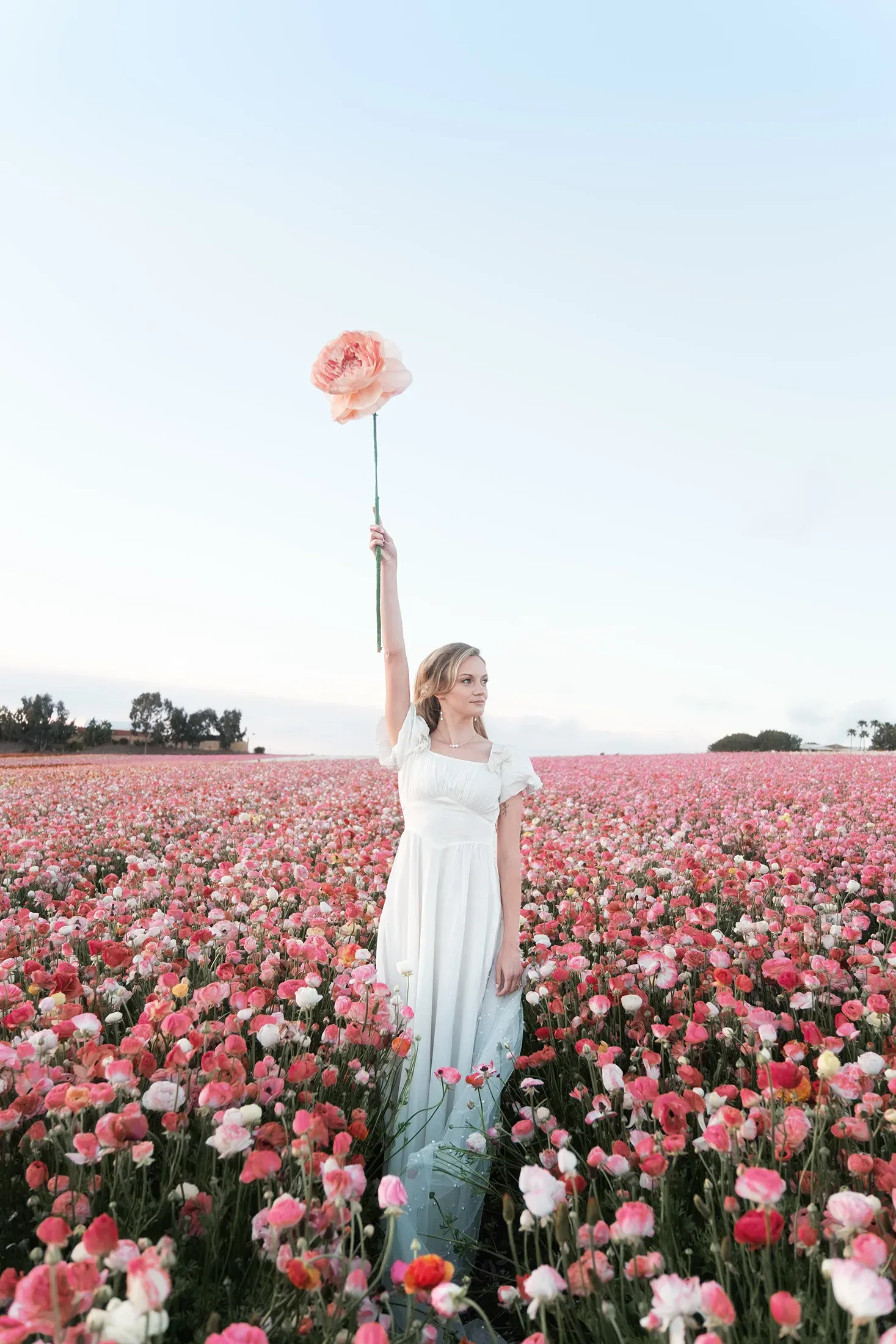 A bride standing in a flower field and holding a flower overhead