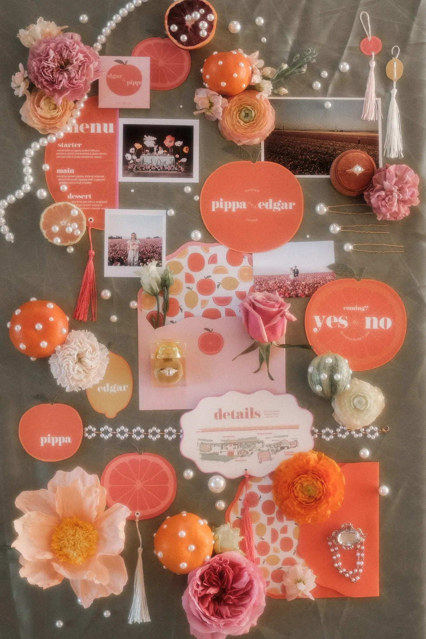 Colorful editorial wedding stationery and flowers