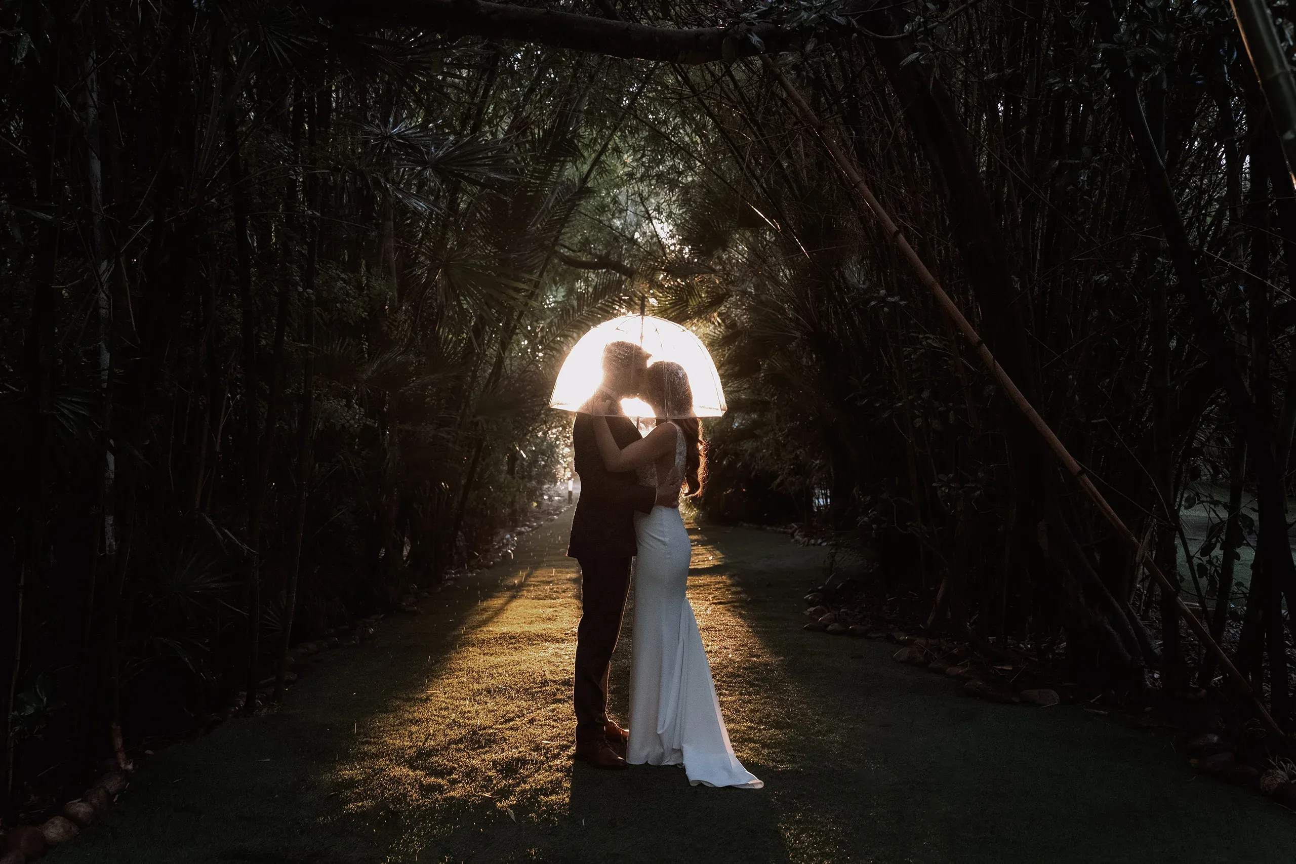 A couple standing beneath a sunlit wedding arch